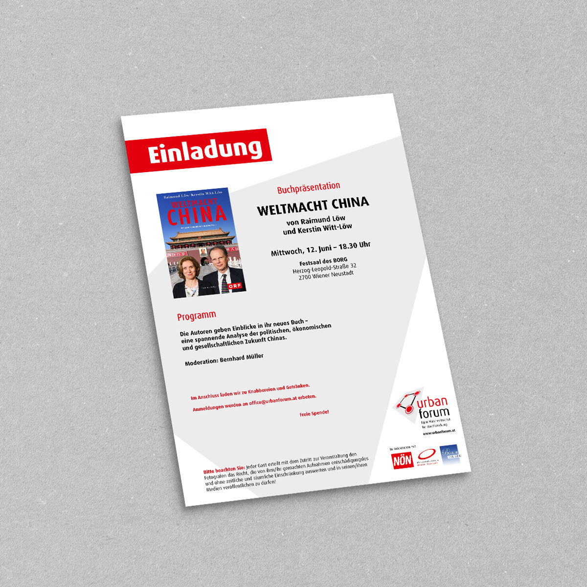 Urban Forum, Einladung Buchpräsentation: Weltmacht China